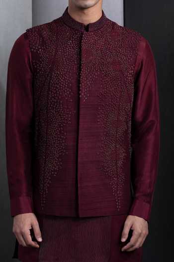 Rohit Gandhi + Rahul Khanna_Red Silk Embroidery Wishful Shooting Star Bundi _Online_at_Aza_Fashions
