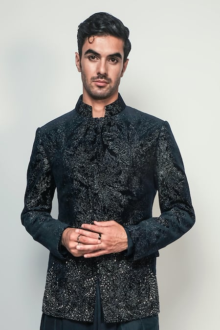 Rohit Gandhi + Rahul Khanna_Green Velvet Embroidered Metallic Wire Terrazzo Bandhgala _Online_at_Aza_Fashions