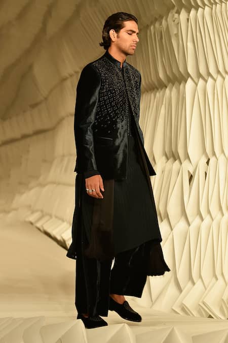 Rohit Gandhi + Rahul Khanna Green Silk Velvet Embroidered Metallic Beads Astragal Bandhgala 