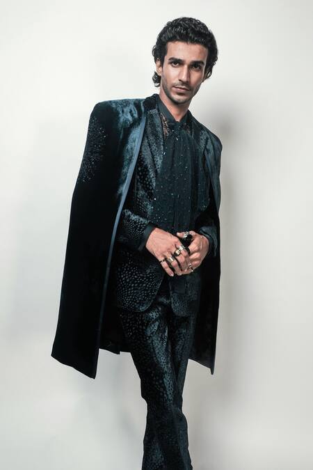 Rohit Gandhi + Rahul Khanna Green Silk, Velvet Beads Supernova Embroidered Jacket Online at Aza Fashions Rohit Gandhi + Rahul Khanna_Green Silk, Velvet Beads Supernova Embroidered Jacket _Online_at_Aza_Fashions