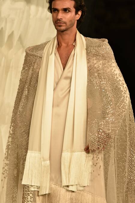 Buy Beige Tulle Embroidered Real Pearls Greko Cape Jacket For Men