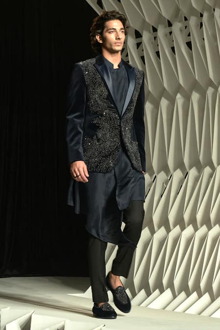 Rohit Gandhi + Rahul Khanna Asymmetric Draped Silk Kurta & Pyjama Set 