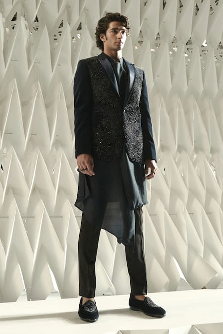 Rohit Gandhi + Rahul Khanna Asymmetric Draped Silk Kurta & Pyjama Set 