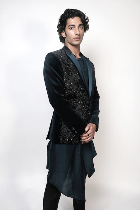 Shop_Rohit Gandhi + Rahul Khanna_Green Silk Asymmetric Draped Kurta And Pyjama Set _Online_at_Aza_Fashions