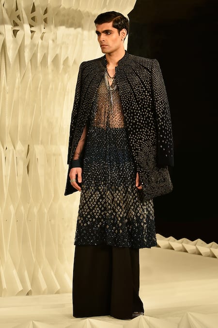 Rohit Gandhi + Rahul Khanna Blue Tulle Embroidery Metallic Stones Mosaic Tiered Tonal Kurta And Pyjama Set 