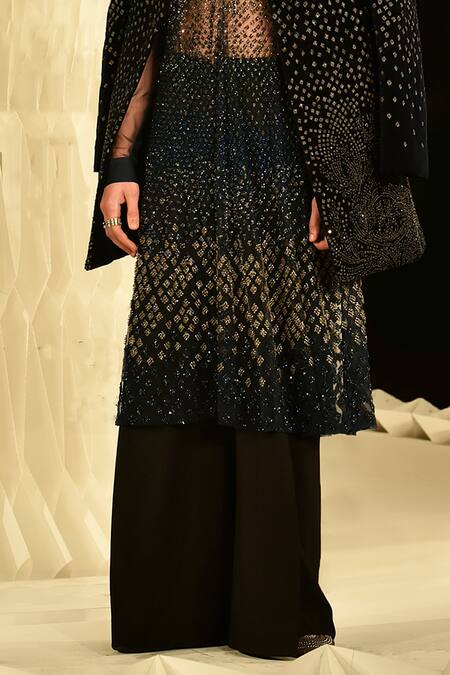 Rohit Gandhi + Rahul Khanna Blue Tulle Embroidery Metallic Stones Mosaic Tiered Tonal Kurta And Pyjama Set Online at Aza Fashions Rohit Gandhi + Rahul Khanna_Blue Tulle Embroidery Metallic Stones Mosaic Tiered Tonal Kurta And Pyjama Set _Online_at_Aza_Fashions