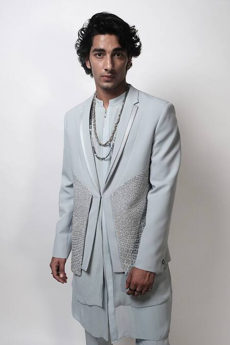 Shop_Rohit Gandhi + Rahul Khanna_Blue Georgette Arris Double Layered Kurta And Pyjama Set _Online_at_Aza_Fashions