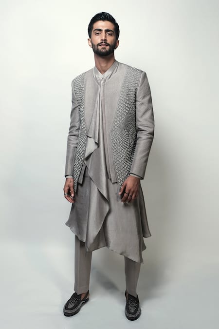 Rohit Gandhi + Rahul Khanna Grey Satin Plain Ashlar Draped Kurta And Pyjama Set