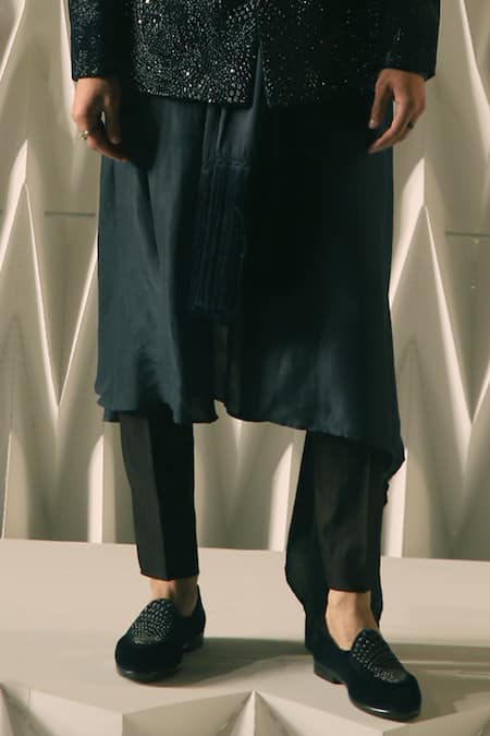 Buy Rohit Gandhi + Rahul Khanna Green Silk Paneled Asymmetrical Kurta And Pyjama Set Online at Aza Fashions Buy_Rohit Gandhi + Rahul Khanna_Green Silk Paneled Asymmetrical Kurta And Pyjama Set _Online_at_Aza_Fashions