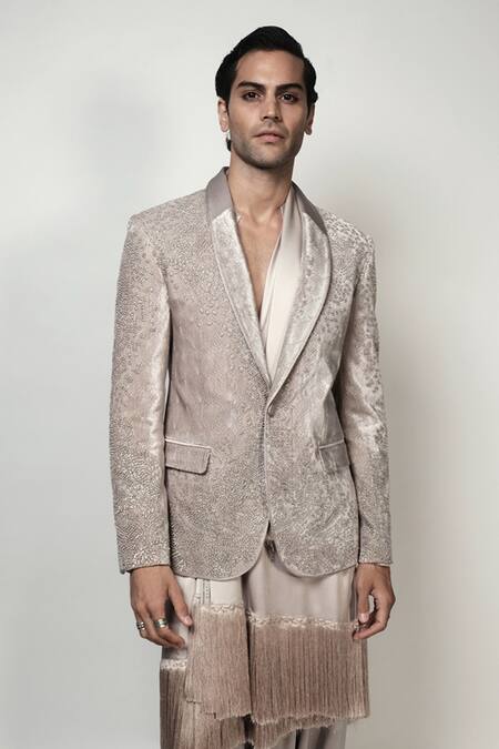 Rohit Gandhi + Rahul Khanna_Beige Satin Plain Wrap Fringed Kurta Set _Online_at_Aza_Fashions