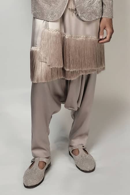 Buy_Rohit Gandhi + Rahul Khanna_Beige Satin Plain Wrap Fringed Kurta Set _Online_at_Aza_Fashions