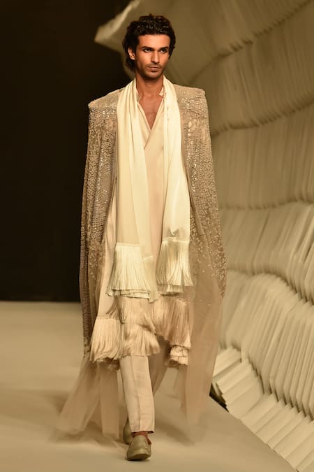 Rohit Gandhi + Rahul Khanna Fringed Hem Satin Kurta Set 