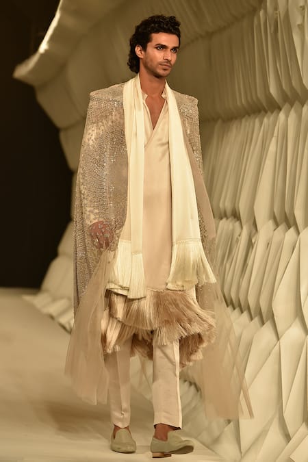 Rohit Gandhi + Rahul Khanna_Beige Satin Fringe Hem Kurta Set _Online_at_Aza_Fashions