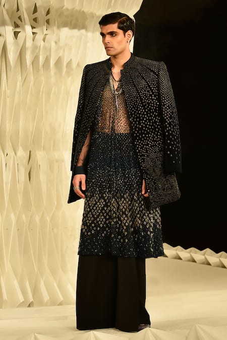 Rohit Gandhi + Rahul Khanna Mosaic Velvet Metallic Thread Embroidered Sherwani 