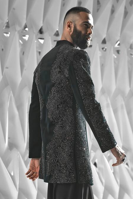 Rohit Gandhi + Rahul Khanna Green Velvet Embroidered Bead Iwan Thread Mosaic Sherwani Online at Aza Fashions Rohit Gandhi + Rahul Khanna_Green Velvet Embroidered Bead Iwan Thread Mosaic Sherwani _Online_at_Aza_Fashions