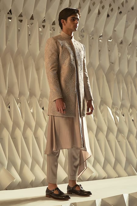 Buy_Rohit Gandhi + Rahul Khanna_Beige Silk Pearls, Crystals Yemeni Embellished Sherwani _Online_at_Aza_Fashions
