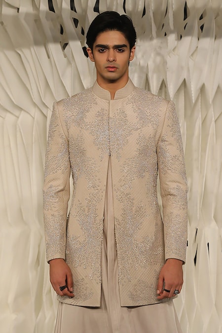Shop_Rohit Gandhi + Rahul Khanna_Beige Silk Pearls, Crystals Yemeni Embellished Sherwani _Online_at_Aza_Fashions
