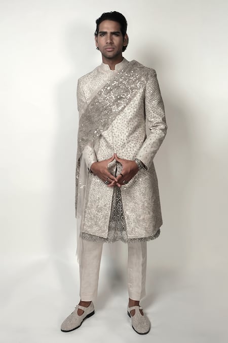 Rohit Gandhi + Rahul Khanna Mihrab Pearl Embellished Sherwani 