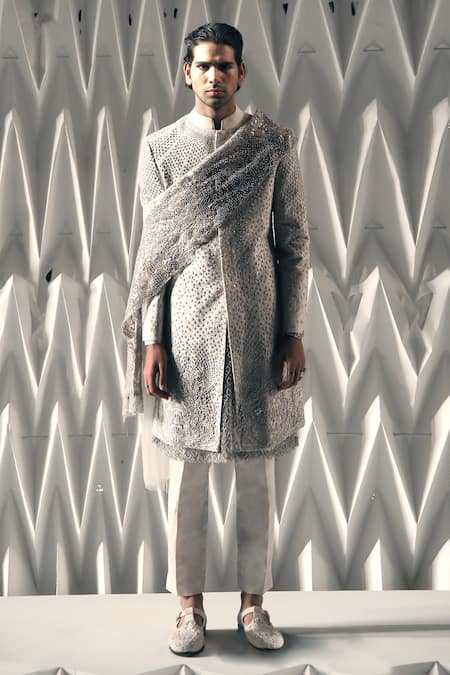 Shop Rohit Gandhi + Rahul Khanna Beige Georgette Embroidered Pearl Mihrab Embellished Sherwani at Aza Fashions Shop_Rohit Gandhi + Rahul Khanna_Beige Georgette Embroidered Pearl Mihrab Embellished Sherwani _at_Aza_Fashions