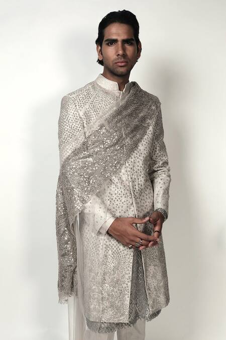 Rohit Gandhi + Rahul Khanna Beige Georgette Embroidered Pearl Mihrab Embellished Sherwani Online at Aza Fashions Rohit Gandhi + Rahul Khanna_Beige Georgette Embroidered Pearl Mihrab Embellished Sherwani _Online_at_Aza_Fashions