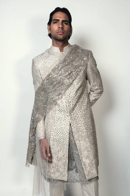 Buy Rohit Gandhi + Rahul Khanna Beige Georgette Embroidered Pearl Mihrab Embellished Sherwani Online at Aza Fashions Buy_Rohit Gandhi + Rahul Khanna_Beige Georgette Embroidered Pearl Mihrab Embellished Sherwani _Online_at_Aza_Fashions