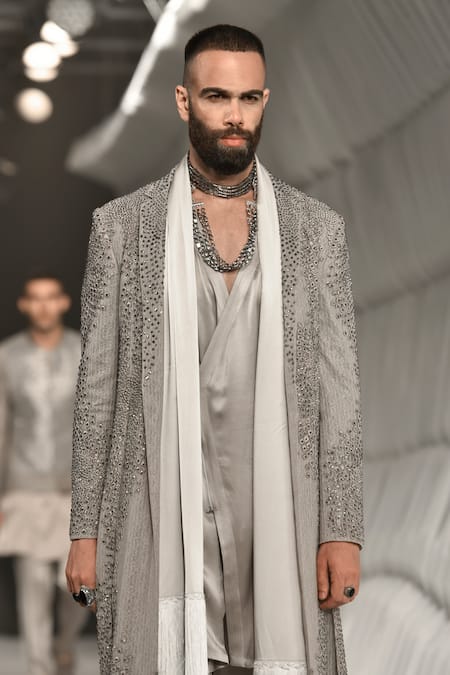 Rohit Gandhi + Rahul Khanna_Grey Satin Sequins, Embroidery Cosmati Solid Wrap-around Kurta _Online_at_Aza_Fashions