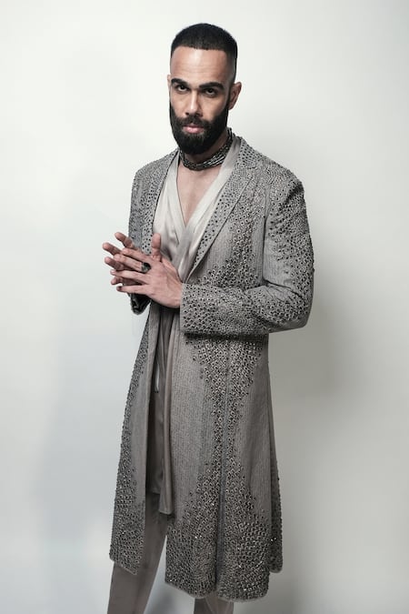 Buy_Rohit Gandhi + Rahul Khanna_Grey Satin Sequins, Embroidery Cosmati Solid Wrap-around Kurta _Online_at_Aza_Fashions