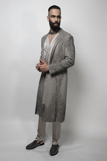 Shop_Rohit Gandhi + Rahul Khanna_Grey Satin Sequins, Embroidery Cosmati Solid Wrap-around Kurta _Online_at_Aza_Fashions