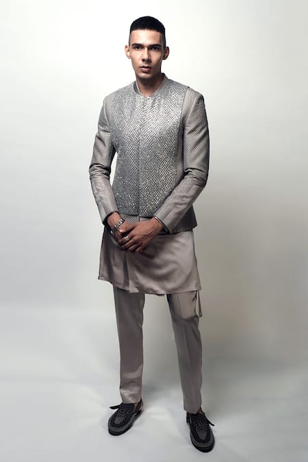 Rohit Gandhi + Rahul Khanna Grey Satin Solid Louvers Kurta 