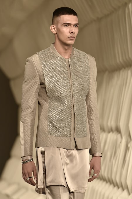 Rohit Gandhi + Rahul Khanna_Grey Satin Solid Louvers Kurta _Online_at_Aza_Fashions
