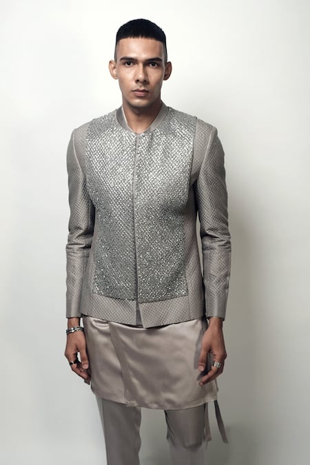 Shop_Rohit Gandhi + Rahul Khanna_Grey Satin Solid Louvers Kurta _Online_at_Aza_Fashions