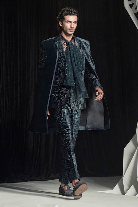 Rohit Gandhi + Rahul Khanna_Green Silk Velvet Embroidered Thread Supernova Tuxedo _Online_at_Aza_Fashions