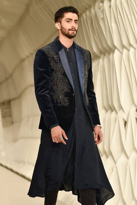 Rohit Gandhi + Rahul Khanna_Blue Velvet Embroidery Andrea Crystal Tuxedo _Online_at_Aza_Fashions
