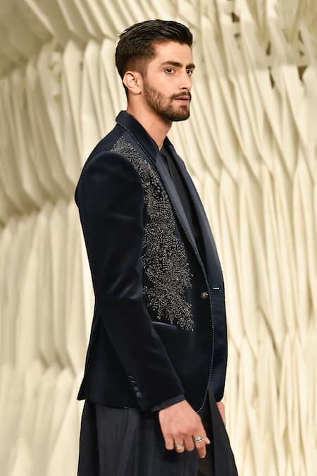 Buy_Rohit Gandhi + Rahul Khanna_Blue Velvet Embroidery Andrea Crystal Tuxedo _Online_at_Aza_Fashions
