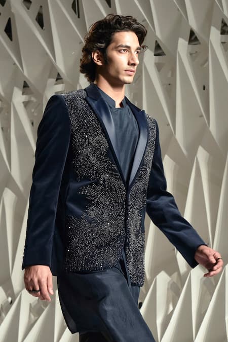 Rohit Gandhi + Rahul Khanna Blue Velvet Embroidered Metallic Crystals Palladian Embellished Tuxedo Online at Aza Fashions Rohit Gandhi + Rahul Khanna_Blue Velvet Embroidered Metallic Crystals Palladian Embellished Tuxedo _Online_at_Aza_Fashions