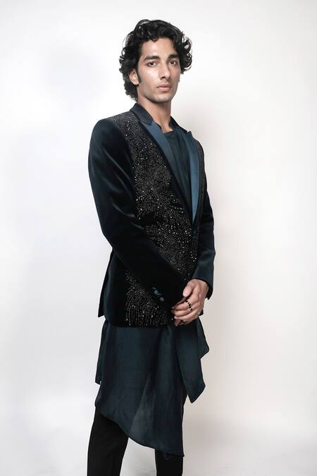 Shop Rohit Gandhi + Rahul Khanna Blue Velvet Embroidered Metallic Crystals Palladian Embellished Tuxedo Online at Aza Fashions Shop_Rohit Gandhi + Rahul Khanna_Blue Velvet Embroidered Metallic Crystals Palladian Embellished Tuxedo _Online_at_Aza_Fashions