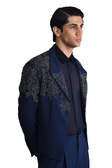 Rohit Gandhi + Rahul Khanna_Blue Wool Crepe Embroidered Beads Crystal Floral Embellished Jacket _Online_at_Aza_Fashions
