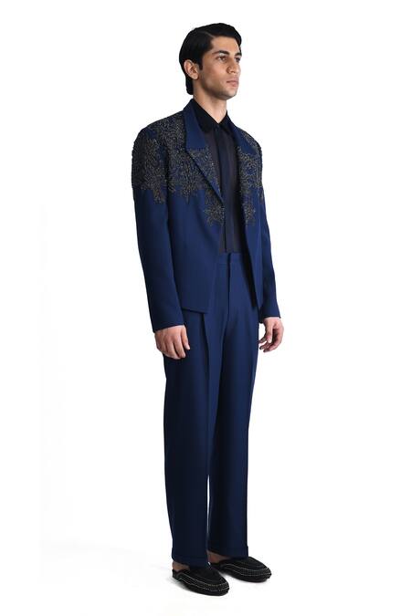 Buy_Rohit Gandhi + Rahul Khanna_Blue Wool Crepe Embroidered Beads Crystal Floral Embellished Jacket _Online_at_Aza_Fashions