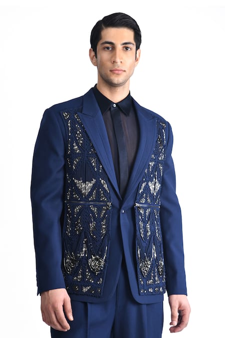 Rohit Gandhi + Rahul Khanna_Blue Wool Crepe Embroidered Metallic Beads Scallop Cord Pattern Jacket _Online_at_Aza_Fashions
