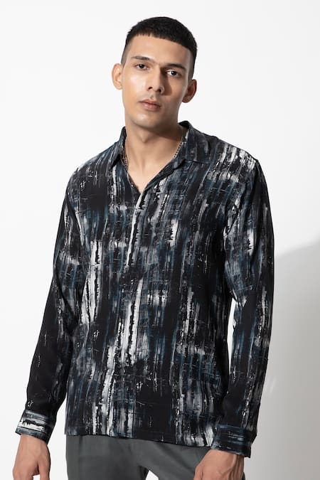 Rohit Gandhi + Rahul Khanna Black Crepe Printed Button Down Shirt 