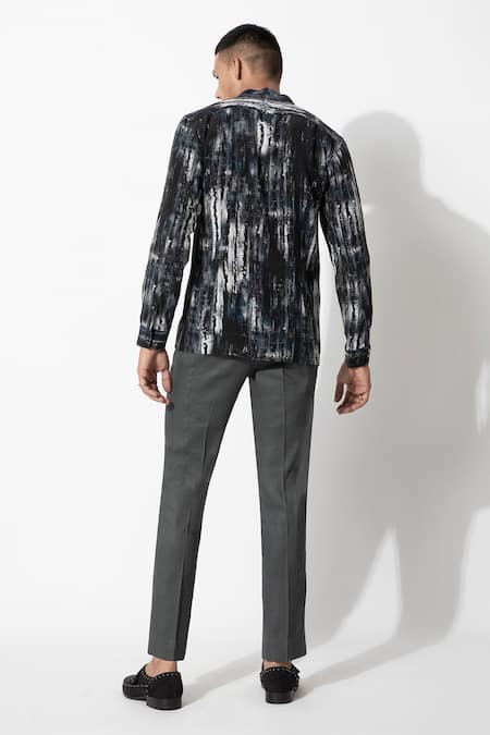 Shop_Rohit Gandhi + Rahul Khanna_Black Crepe Button Down Printed Shirt _at_Aza_Fashions