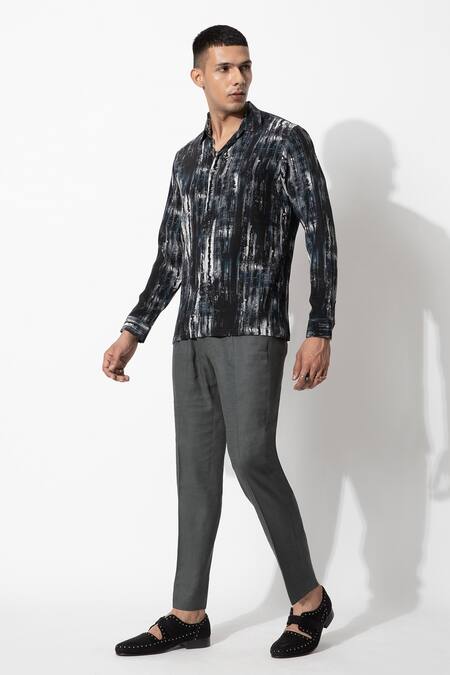 Rohit Gandhi + Rahul Khanna_Black Crepe Button Down Printed Shirt _Online_at_Aza_Fashions