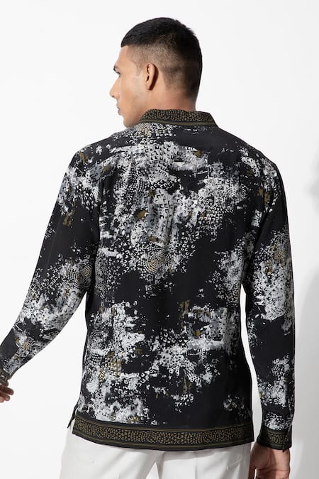 Shop Rohit Gandhi + Rahul Khanna Black Silk, Crepe Printed Button Down Shirt at Aza Fashions Shop_Rohit Gandhi + Rahul Khanna_Black Silk, Crepe Printed Button Down Shirt _at_Aza_Fashions