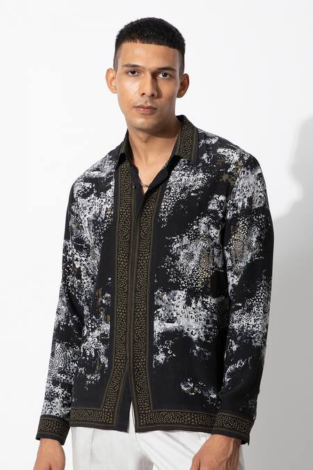 Rohit Gandhi + Rahul Khanna Black Silk, Crepe Printed Button Down Shirt Online at Aza Fashions Rohit Gandhi + Rahul Khanna_Black Silk, Crepe Printed Button Down Shirt _Online_at_Aza_Fashions
