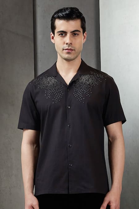 Rohit Gandhi + Rahul Khanna_Black Georgette Embroidery Silk Thread And Bead Shirt _Online_at_Aza_Fashions