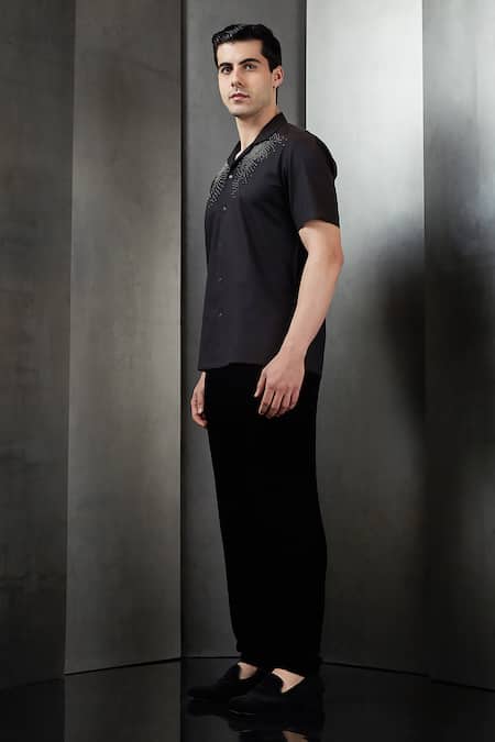 Buy_Rohit Gandhi + Rahul Khanna_Black Georgette Embroidery Silk Thread And Bead Shirt _Online_at_Aza_Fashions
