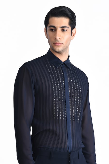 Rohit Gandhi + Rahul Khanna_Blue Viscose Crystals Embroidered Shirt _Online_at_Aza_Fashions