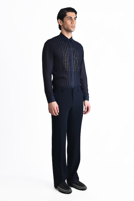 Shop_Rohit Gandhi + Rahul Khanna_Blue Viscose Crystals Embroidered Shirt _Online_at_Aza_Fashions