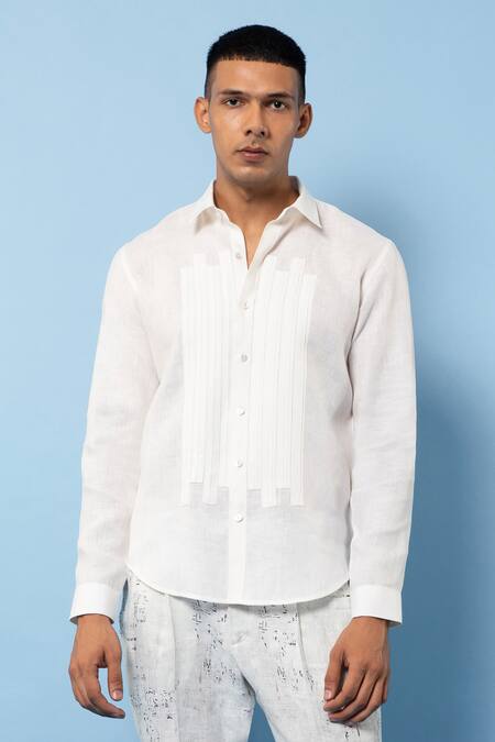 Rohit Gandhi + Rahul Khanna Off White Linen Patch Striped Shirt Online at Aza Fashions Rohit Gandhi + Rahul Khanna_Off White Linen Patch Striped Shirt _Online_at_Aza_Fashions