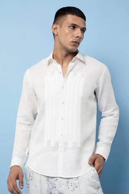 Shop Rohit Gandhi + Rahul Khanna Off White Linen Patch Striped Shirt Online at Aza Fashions Shop_Rohit Gandhi + Rahul Khanna_Off White Linen Patch Striped Shirt _Online_at_Aza_Fashions